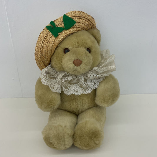 CUTE Vintage Commonwealth Tan Teddy Bear in Summer Straw Hat Plush Doll - Warehouse Toys