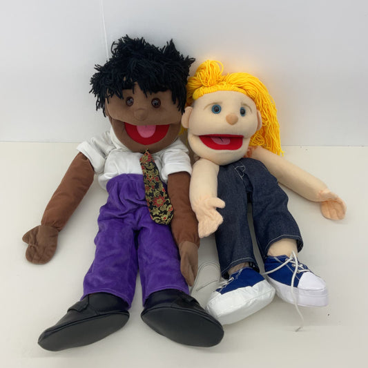 Sunny & Co Black Man & Blonde Caucasian Girl Full Body Hand & Rod Puppets Plush