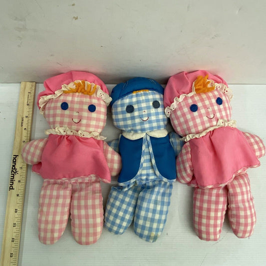 VTG 1975 LOT 3 Fisher Price 420 Lolly Dolls Blue Pink Gingham Plaid Toys Used