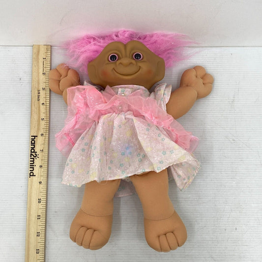 VTG 90s Ace Novelty Rubber Headed Plush Treasure Troll Doll Pink Dress Used