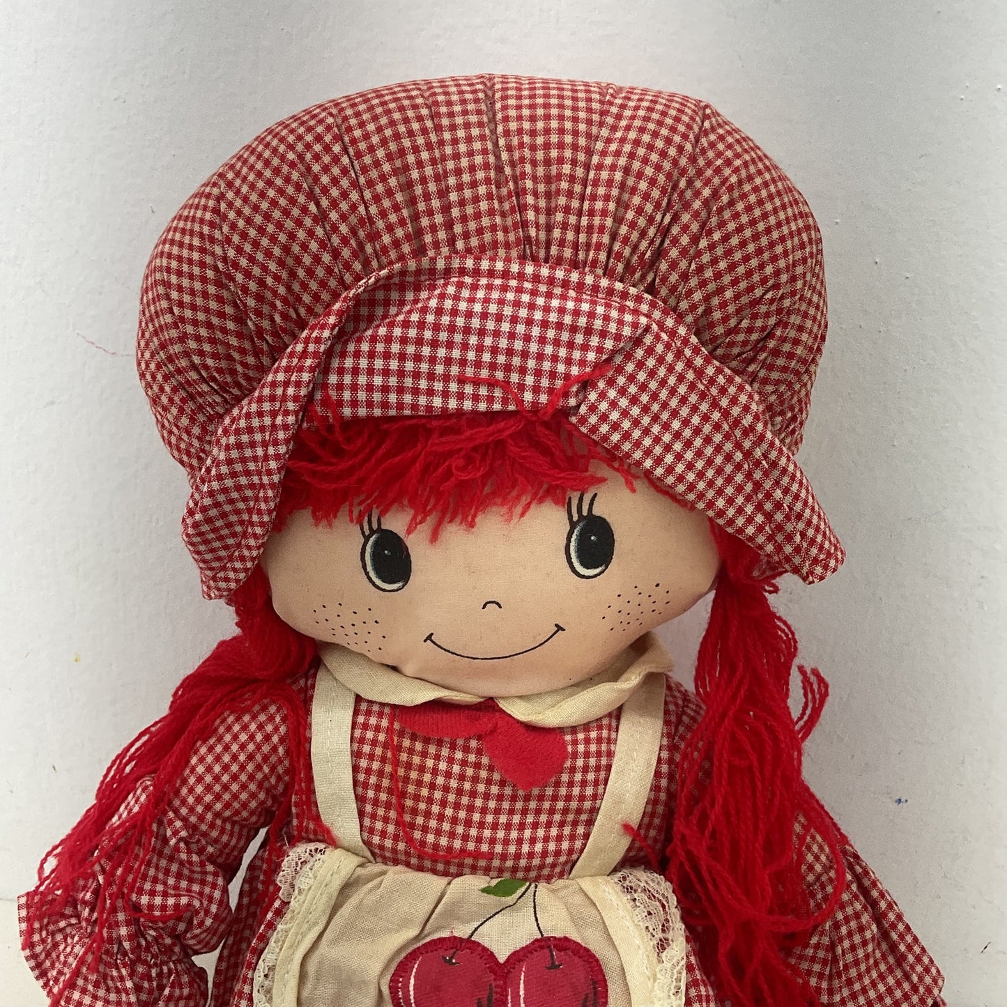 Vintage Etone 1981 Red Haired Rag Dolly Plush Doll in Cherry Gingham Dress CUTE!