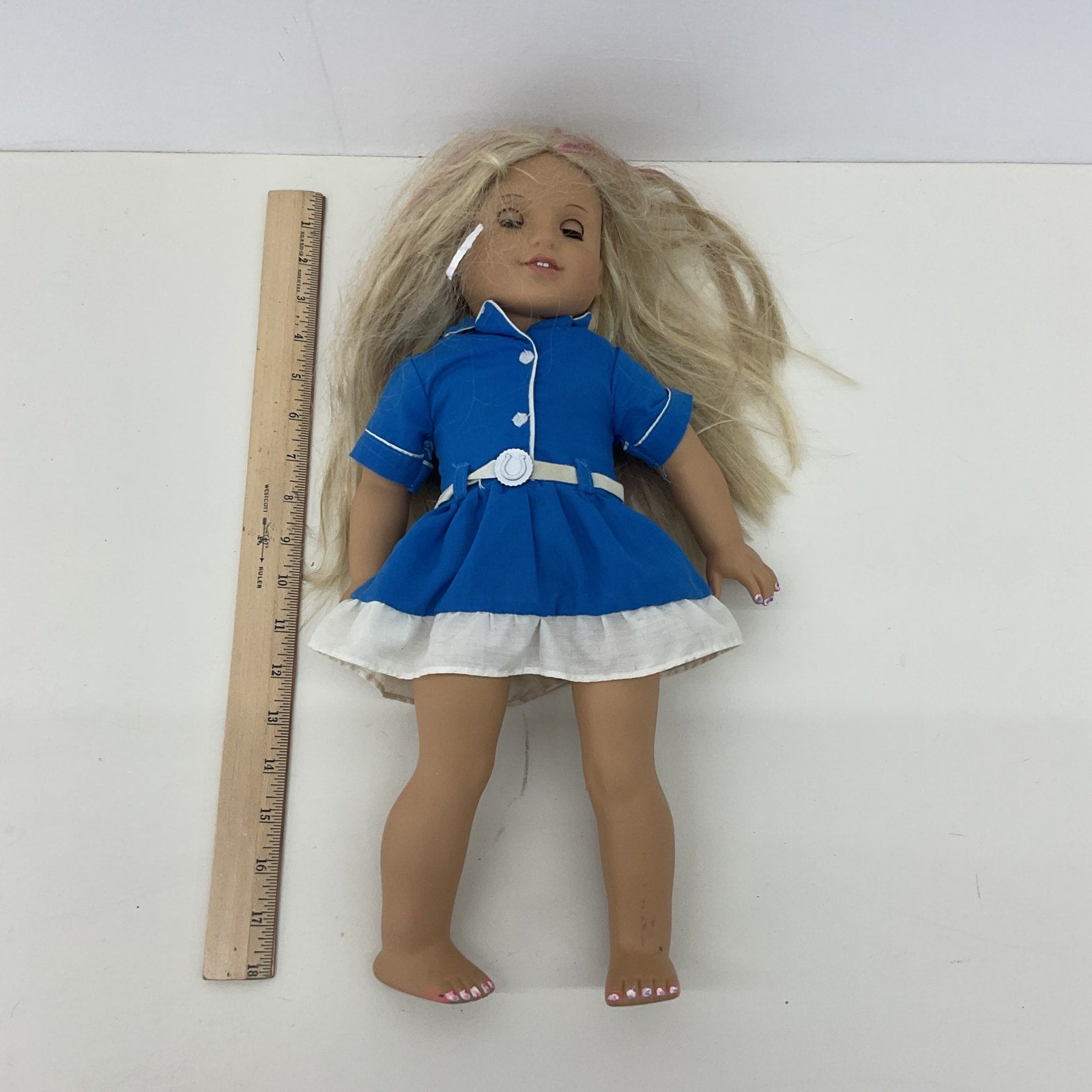 American Girl Doll Preowned Caucasian Blonde Girl Play Doll in Blue Outfit - Warehouse Toys