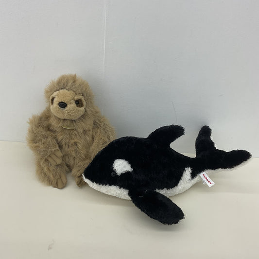 Aurora LOT 2 Soft Cuddly Plush Black White Killer Whale & Fuzzy Brown Sloth - Warehouse Toys