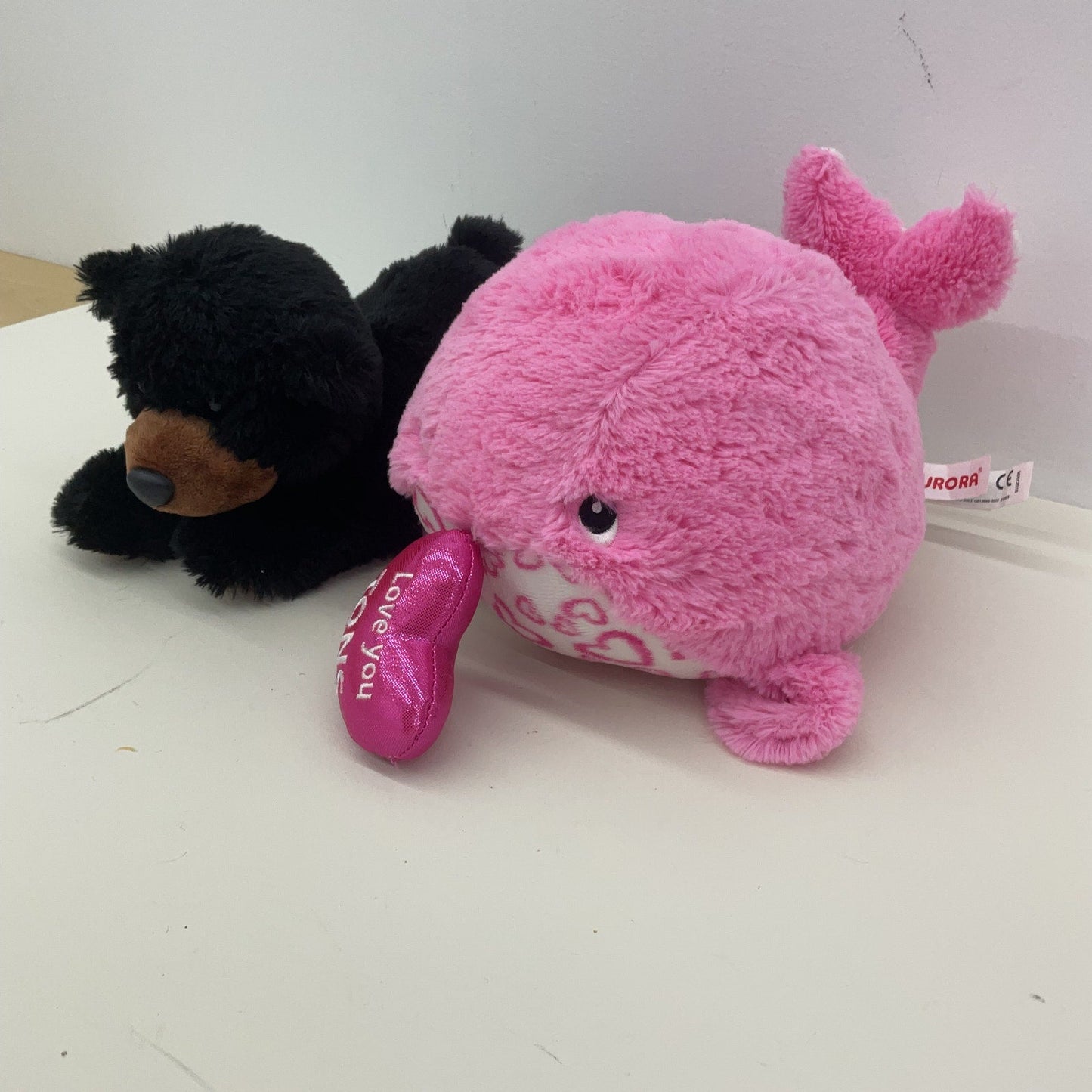 Aurora Plush LOT Black Brown Grizzly Bear & Valentines Pink Whale Heart Plush - Warehouse Toys