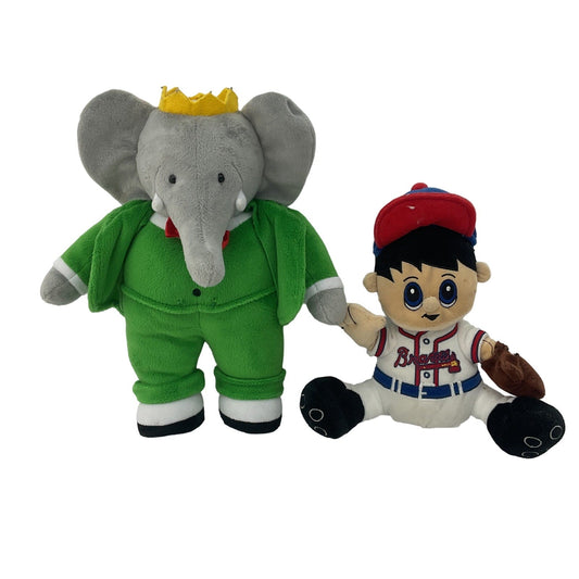 Babar Elephant Character Plush in Green Outfit & Braves Mini Player Plush - Warehouse Toys