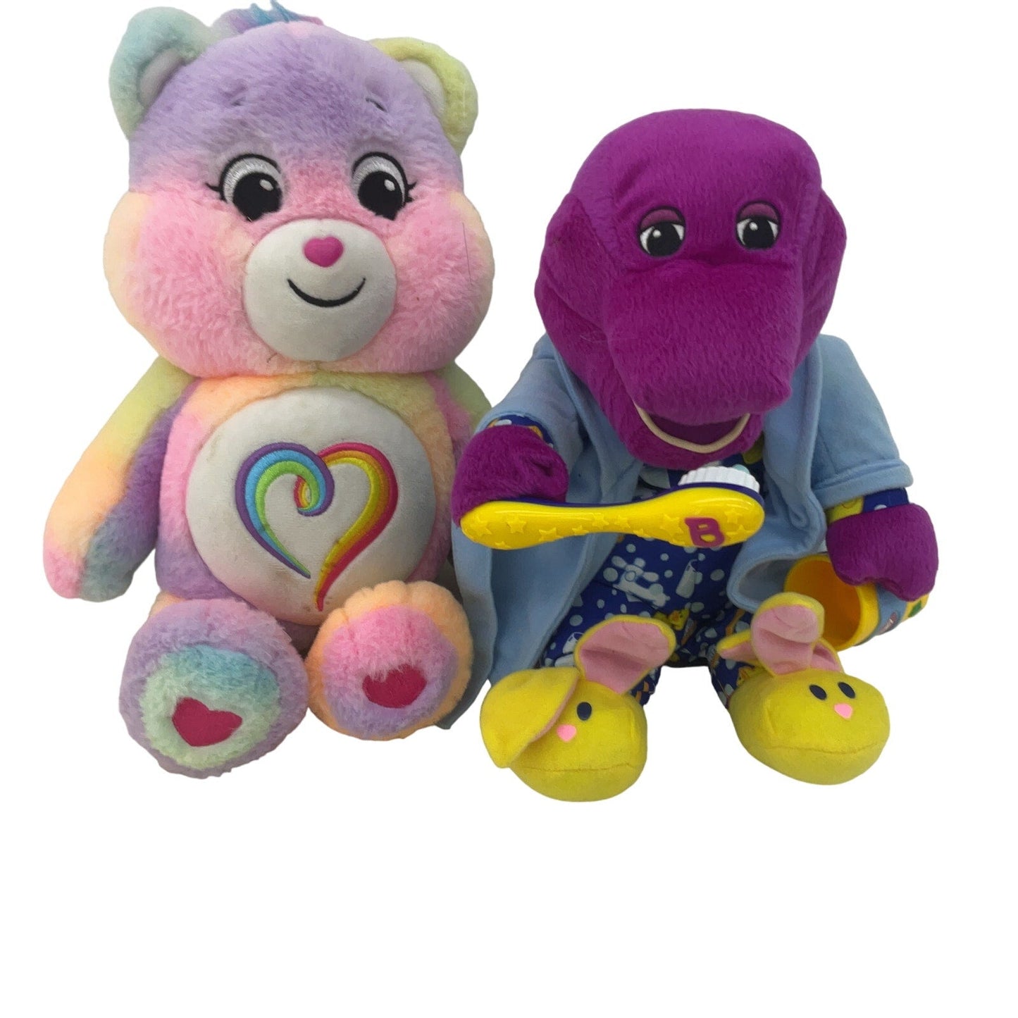 Barney the Purple Dinosaur in Pajamas & Rainbow Colored Care Bear Plush Toys - Warehouse Toys