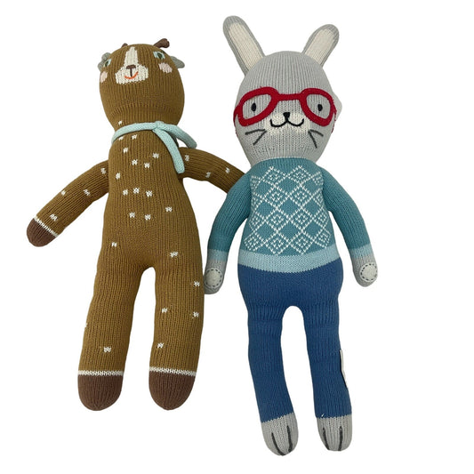 Blabla Peruvian Knit Dolls LOT 2 Gray Bunny in Red Glasses & Brown Reindeer - Warehouse Toys