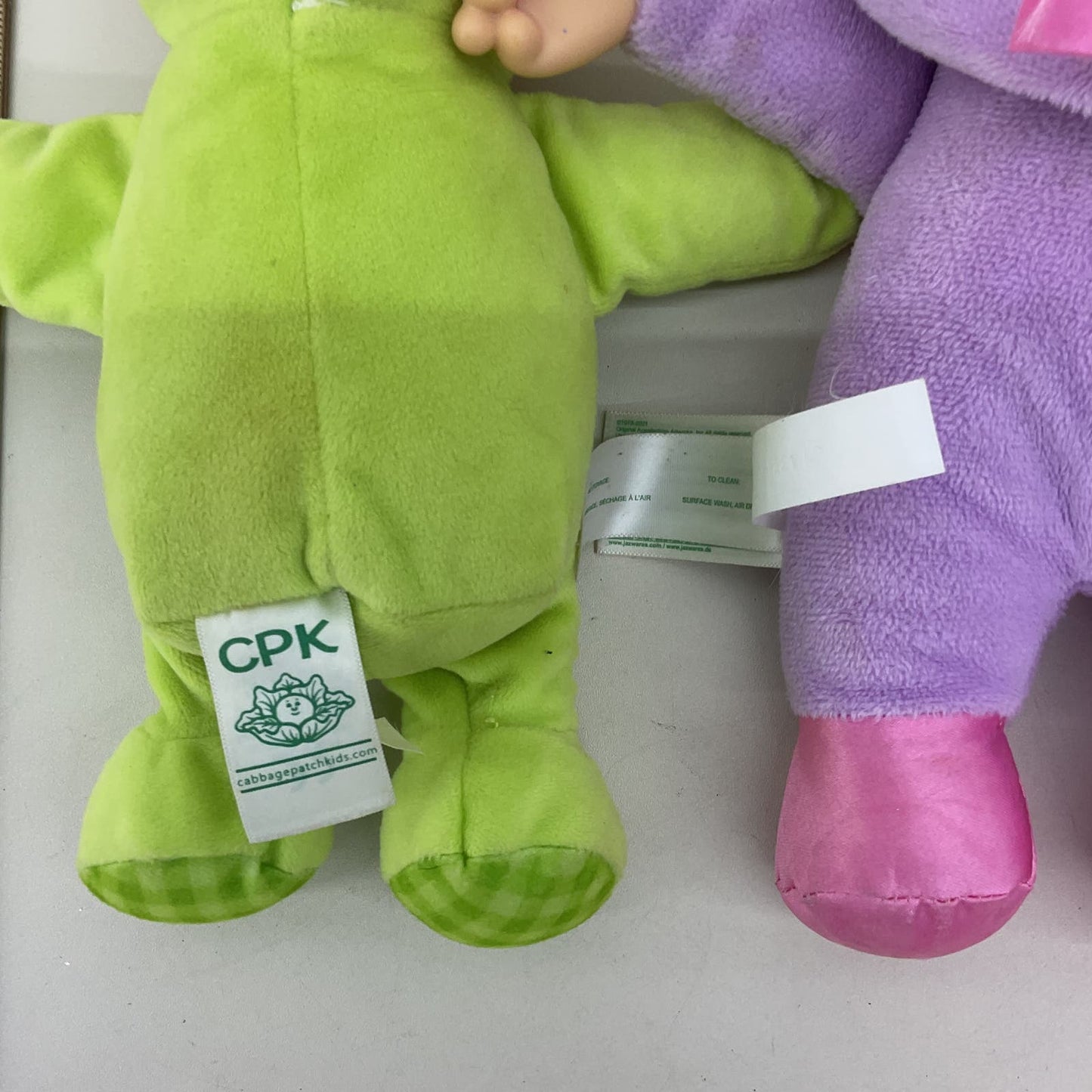 CPK LOT 2 Cabbage Patch Kids Soft Bodied Plush Baby Dolls Green Purple Outfits - Warehouse Toys