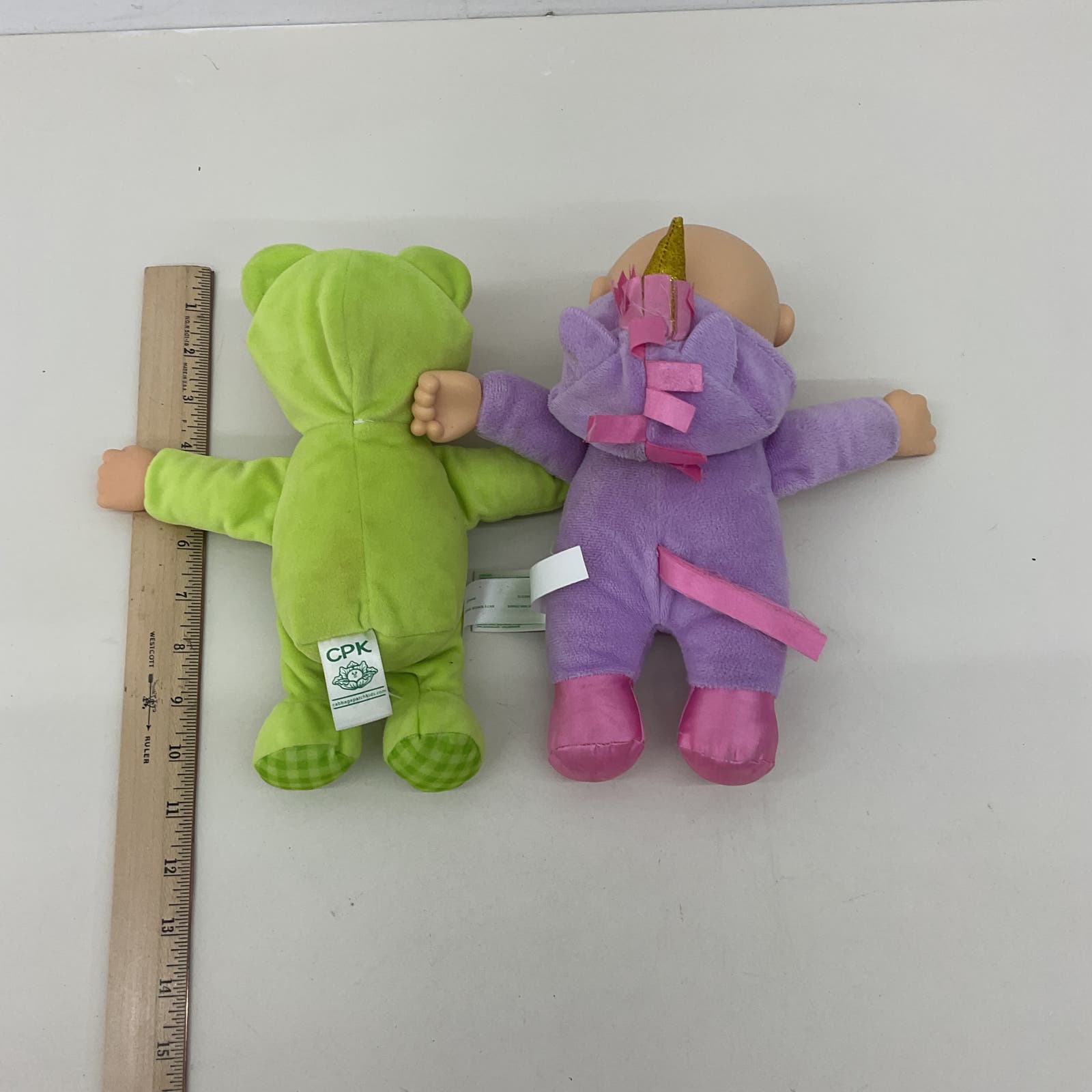 CPK LOT 2 Cabbage Patch Kids Soft Bodied Plush Baby Dolls Green Purple Outfits - Warehouse Toys