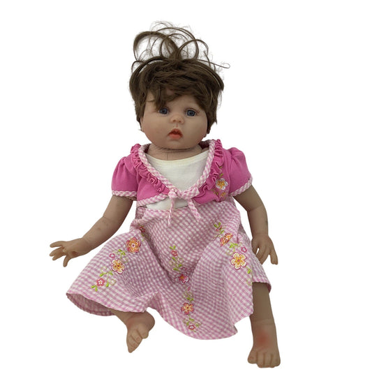 CUTE Brunette Realistic Little Girl Baby Play Doll in Pink Gingham Dress - Warehouse Toys