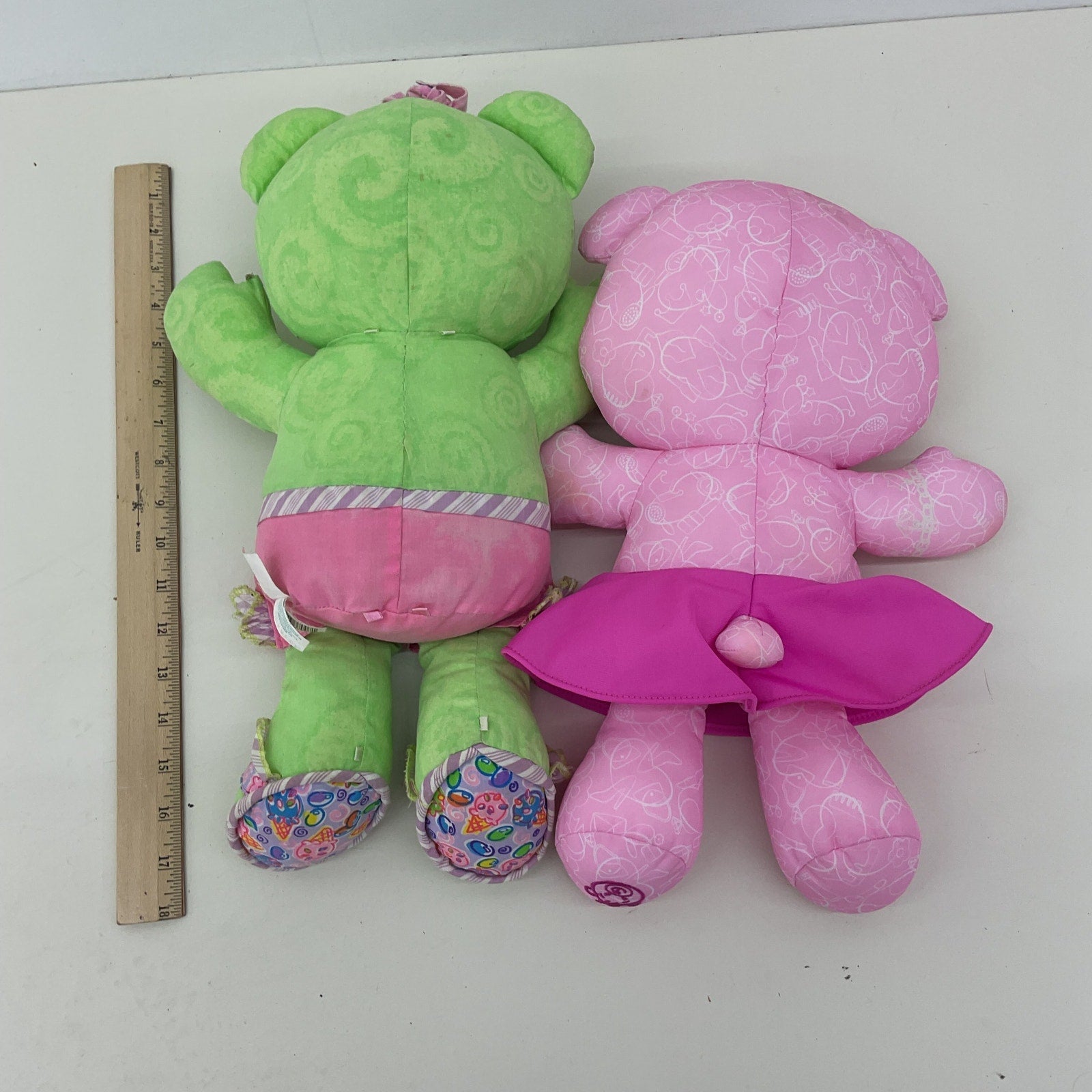 CUTE LOT 2 Green Pink Doodle Teddy Bears Plush Toys - Warehouse Toys