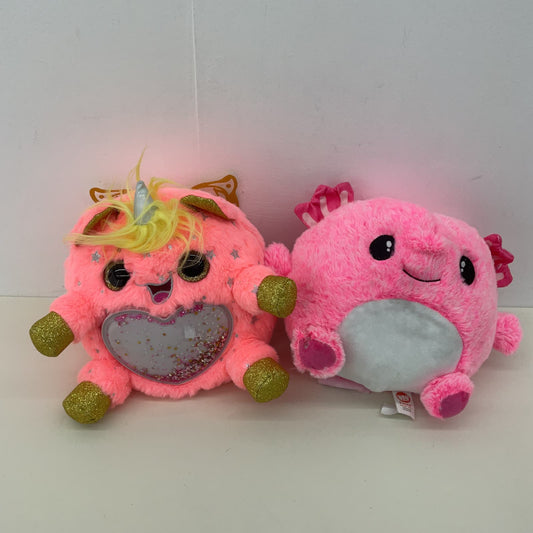 CUTE LOT 2 Round Pink Glitter Belly Unicorn & Axolotl Plush Stuffed Animals - Warehouse Toys