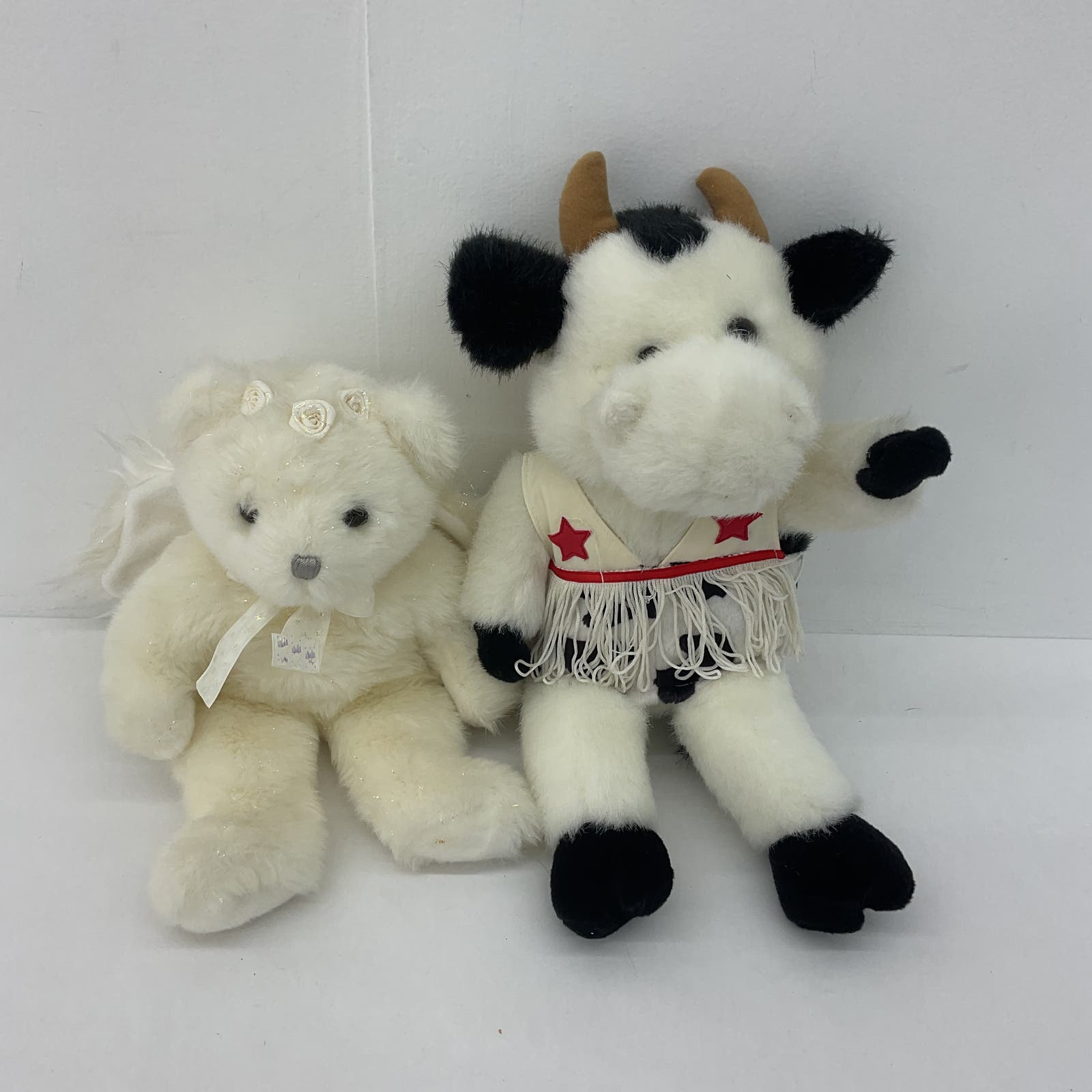 Cute LOT TY Winged Angel White Teddy Bear & Animaland White Cowboy Cow Plush - Warehouse Toys