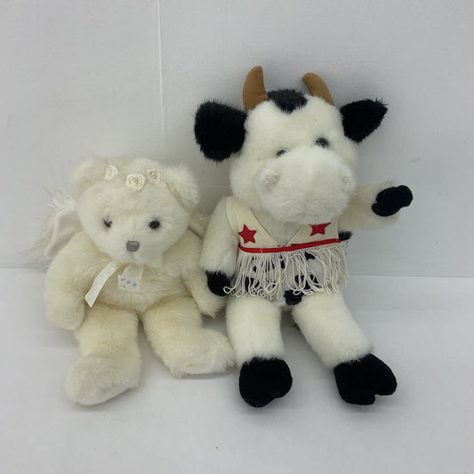 Cute LOT TY Winged Angel White Teddy Bear & Animaland White Cowboy Cow Plush - Warehouse Toys