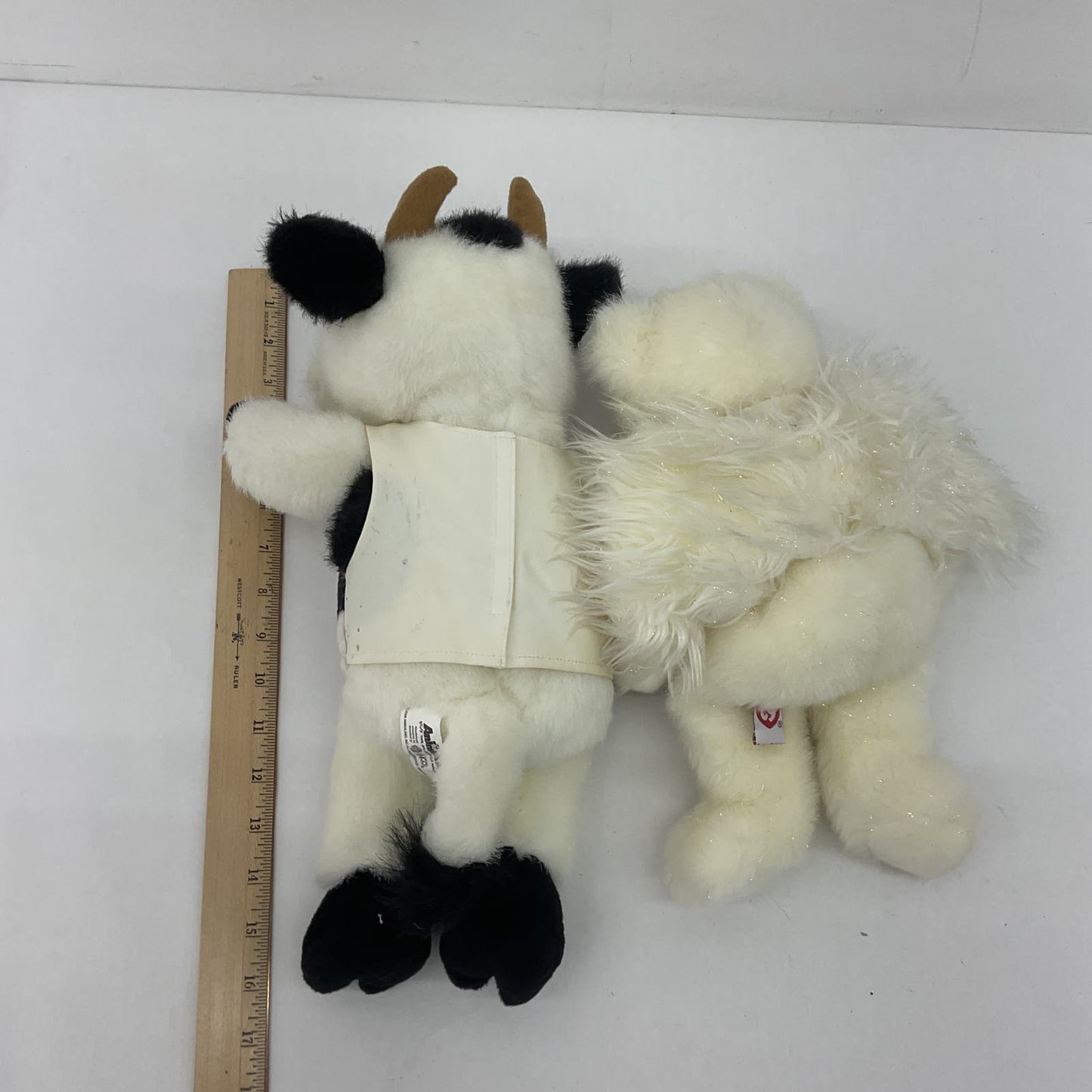 Cute LOT TY Winged Angel White Teddy Bear & Animaland White Cowboy Cow Plush - Warehouse Toys