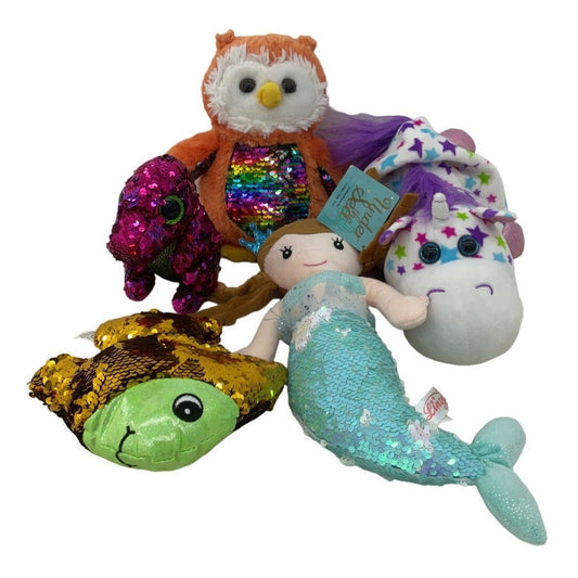 CUTE Mixed Girlie Plush LOT Sequin Embellished Owl Mermaid Fish Dino Horse - Warehouse Toys