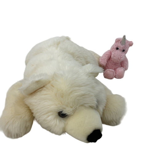 CUTE Soft Cuddly Aurora White Polar Fluffy Bear & Mini Pink Unicorn Plush Dolls - Warehouse Toys