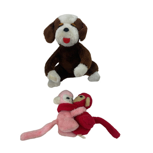 CUTE Vintage 70s 80s Hugging Brown Dog Pink Red Monkey Chimps Plush Dolls LOT - Warehouse Toys