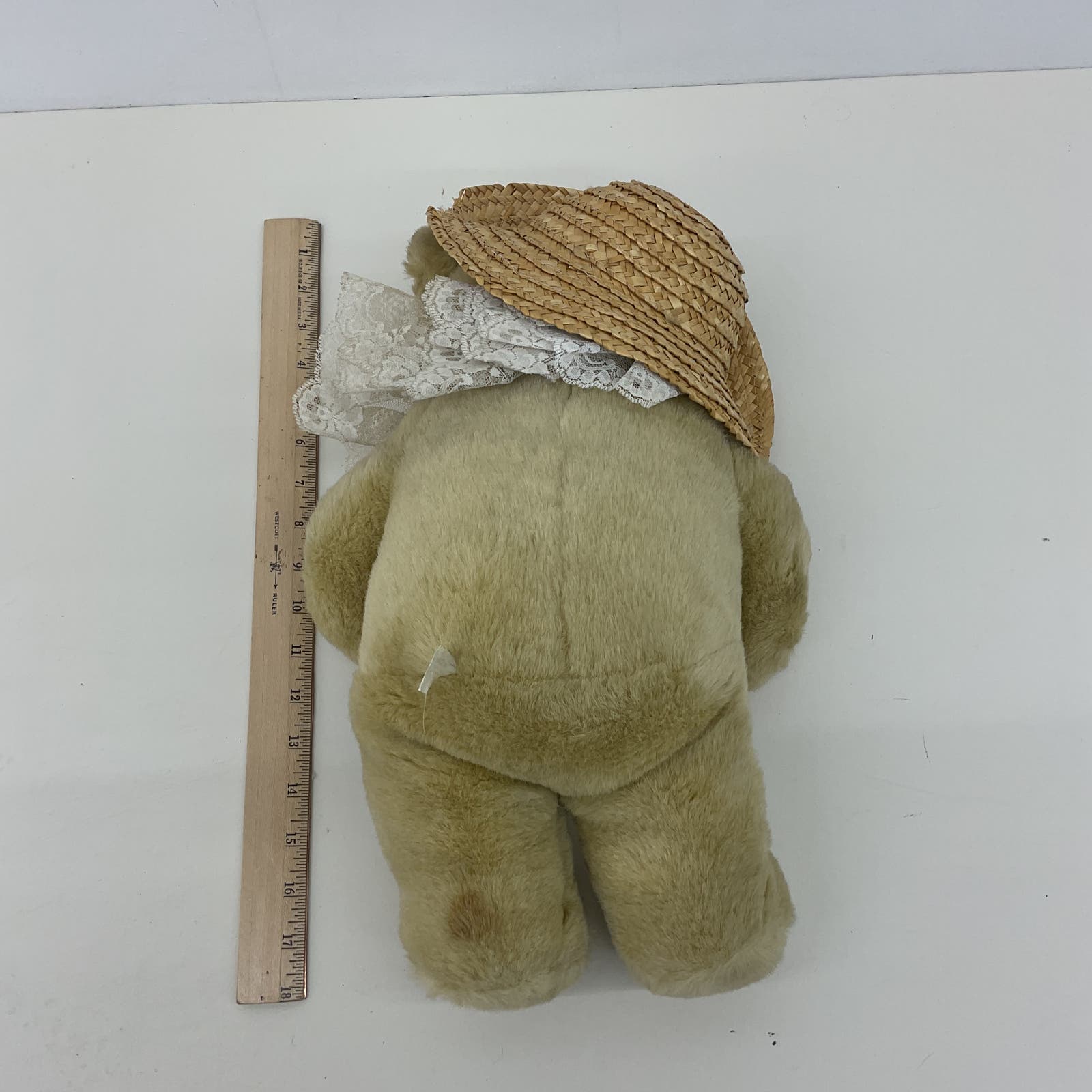 CUTE Vintage Commonwealth Tan Teddy Bear in Summer Straw Hat Plush Doll - Warehouse Toys