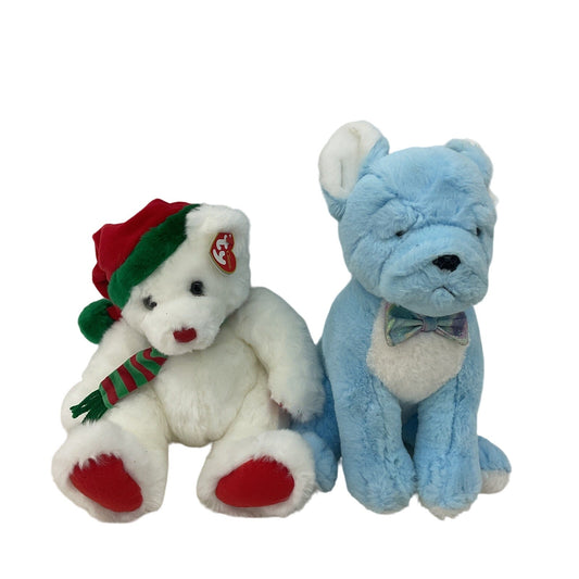 FAO Schwarz Blue Stuffed English Bulldog Dog Plush & TY White Teddy Bear Xmas - Warehouse Toys