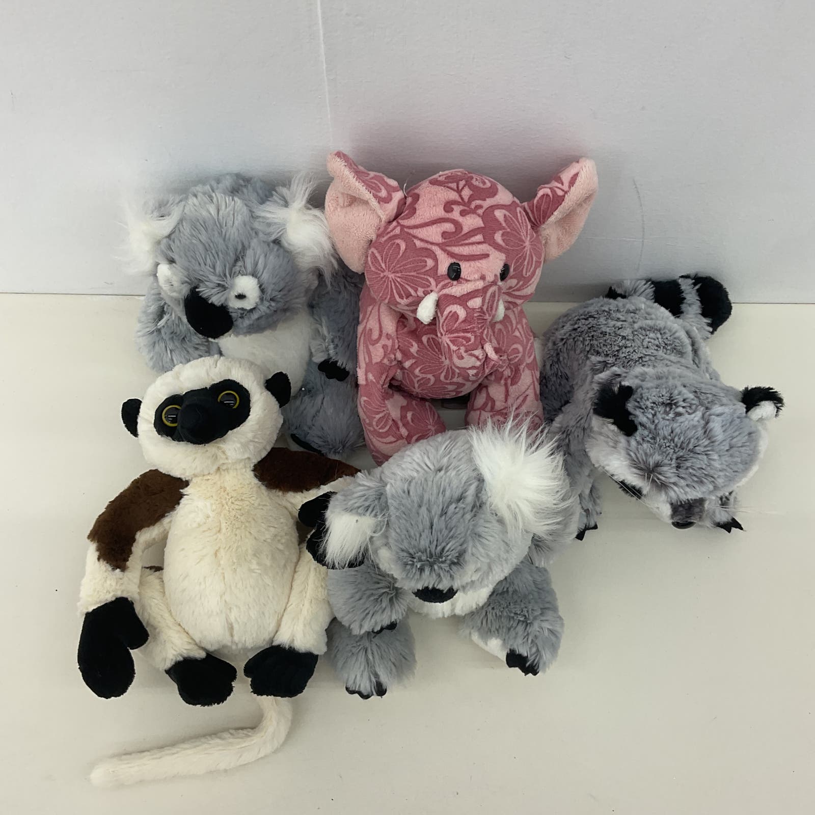 Ganz Mixed Stuffed Animal LOT Lemur Koala Raccoon Elephant Gray Pink Plush - Warehouse Toys