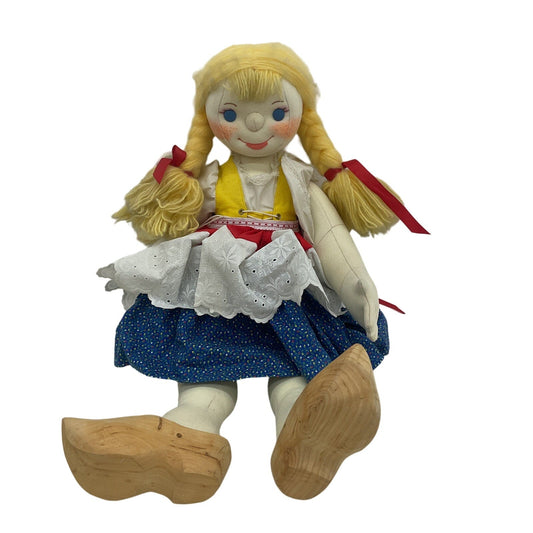 Large Handmade Dutch Holland Wooden Clogs Blonde Girl Soft Plush Doll Preowned - Warehouse Toys