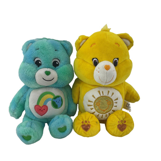 LOT 2 Care Bear Plush Dolls Yellow Cheer Bear Blue Love the Earth Toys - Warehouse Toys