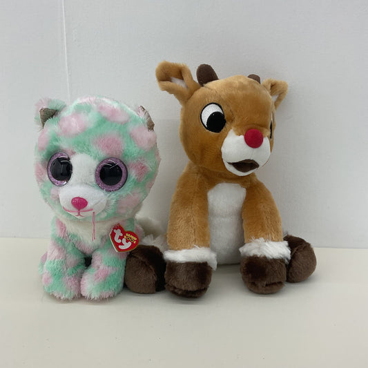 LOT 2 Plush Dolls TY Blue Pink Cheetah Cat & Xmas Rudolph the Red Nosed Reindeer - Warehouse Toys