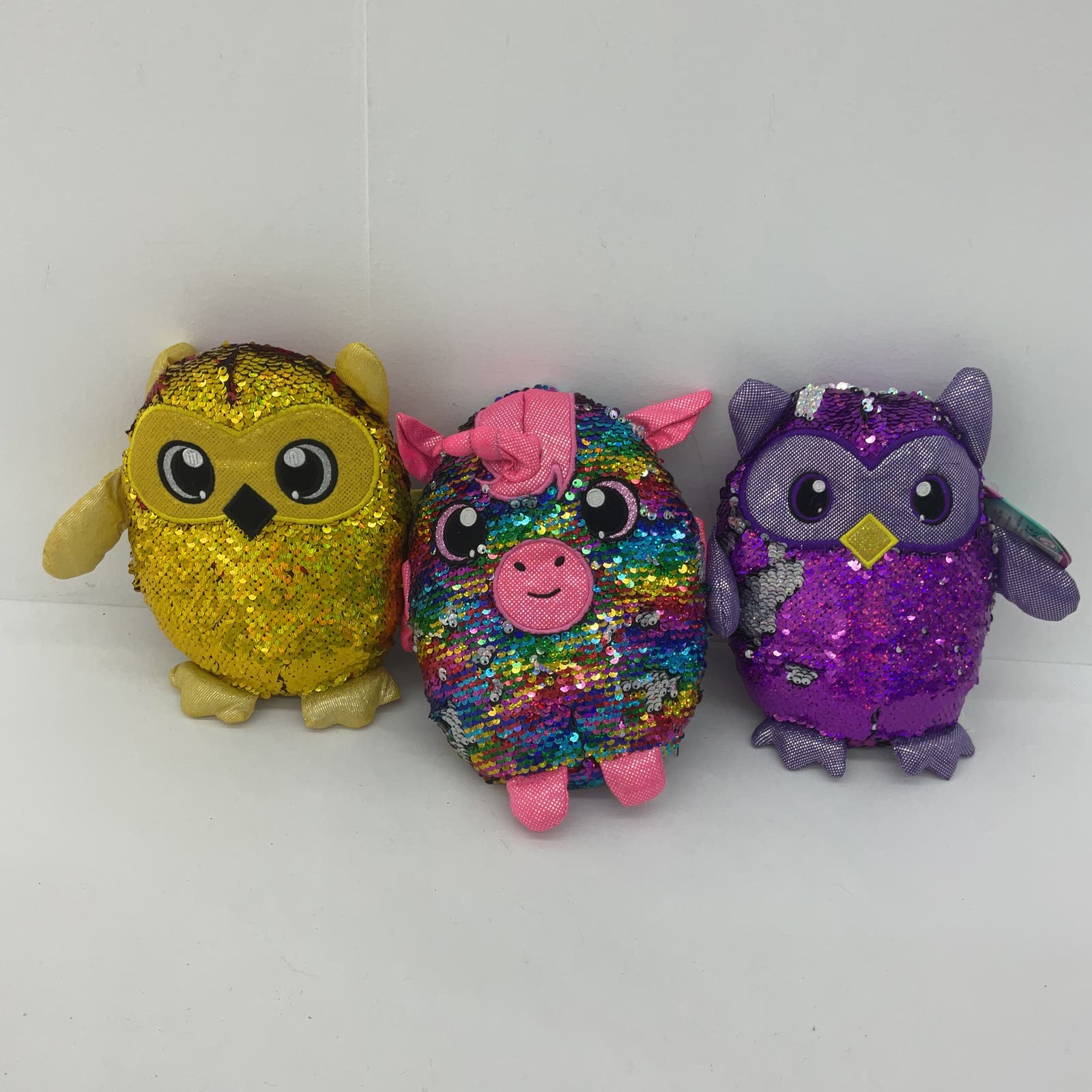 LOT 3 Beverly Hills Co Shimmeez Sequin Embellished Plush Dolls Owl Horse Purple - Warehouse Toys