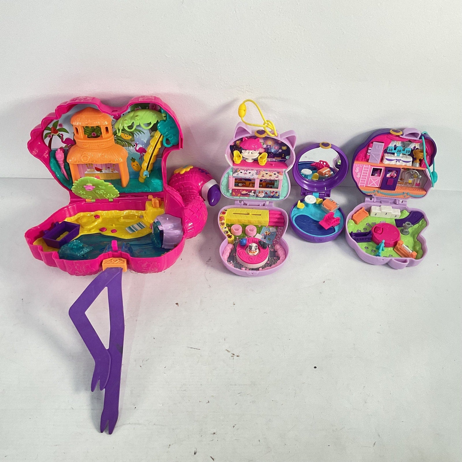 Lot of 4 Mattel Polly Pocket Compact Clamshell Play Sets Flamingo Cat Horse Pool - Warehouse Toys