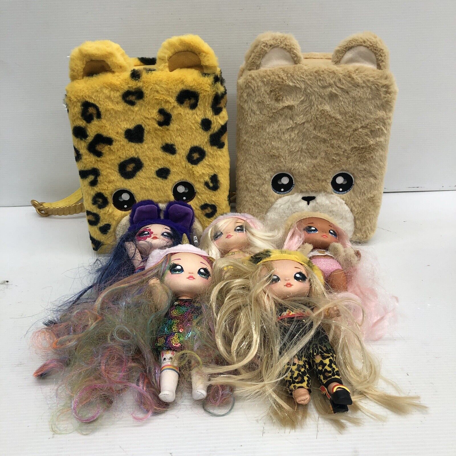 LOT of 7 Na Na Na Surprise Dress Up Doll Figures and Cases Leopard Bear Used - Warehouse Toys