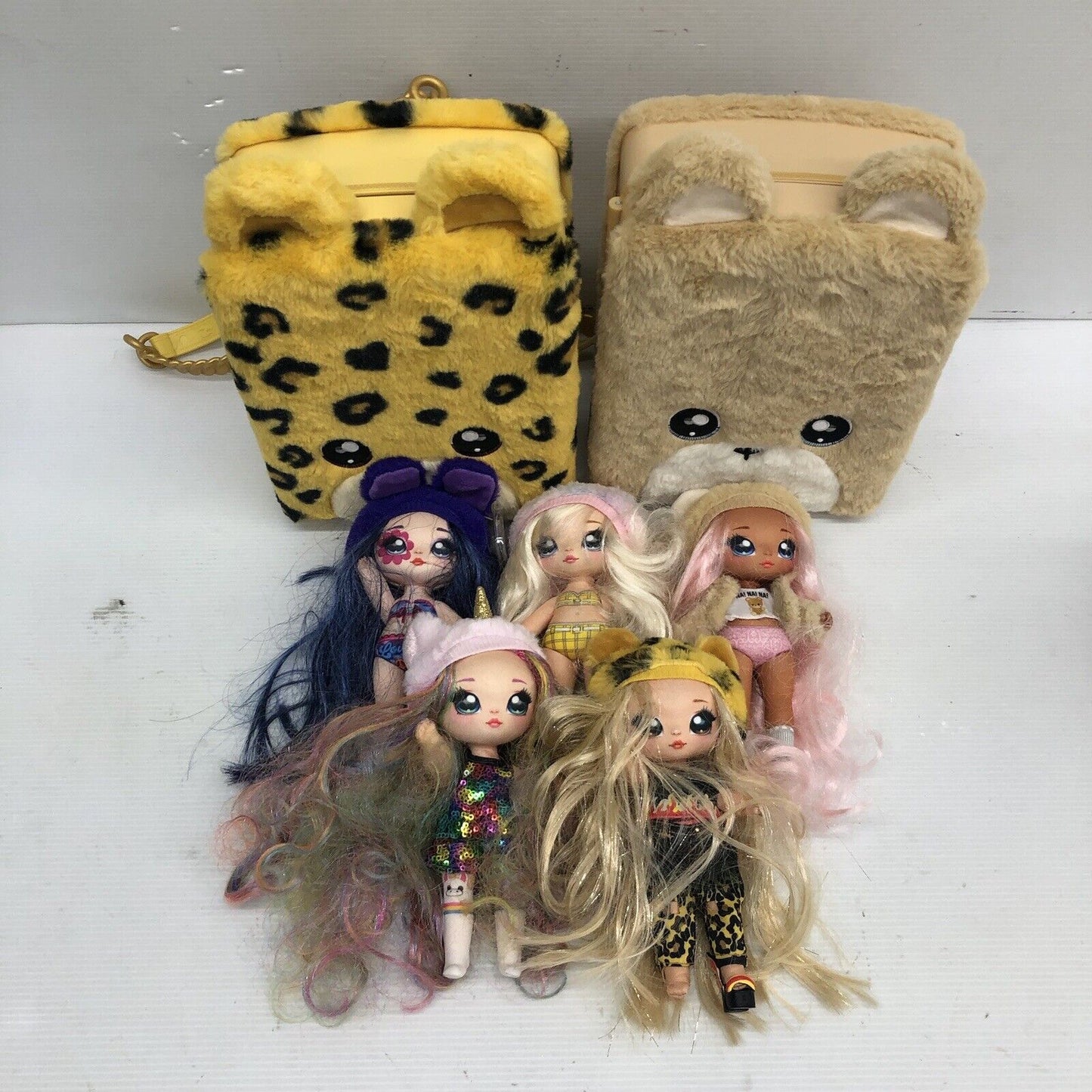 LOT of 7 Na Na Na Surprise Dress Up Doll Figures and Cases Leopard Bear Used - Warehouse Toys