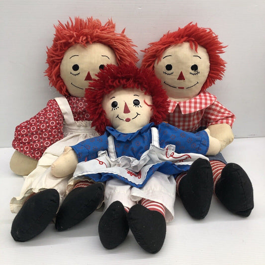 LOT VTG 3 Raggedy Ann Andy Handmade Dress Up Cloth Rag Play Dolls Used - Warehouse Toys