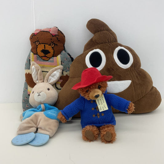 Mixed Stuffed Plush LOT Paddington Bear Peter Rabbit Poop Emoji Needlepoint Bear - Warehouse Toys