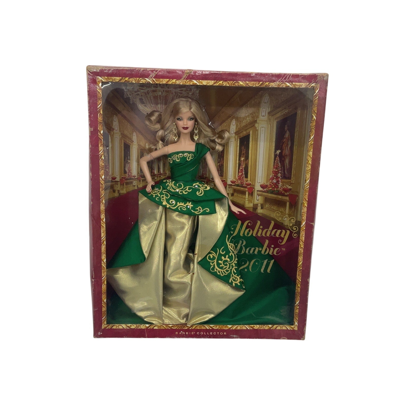 NIB New Holiday Barbie 2011 Christmas Blonde in Green Metallic Gold Dress - Warehouse Toys