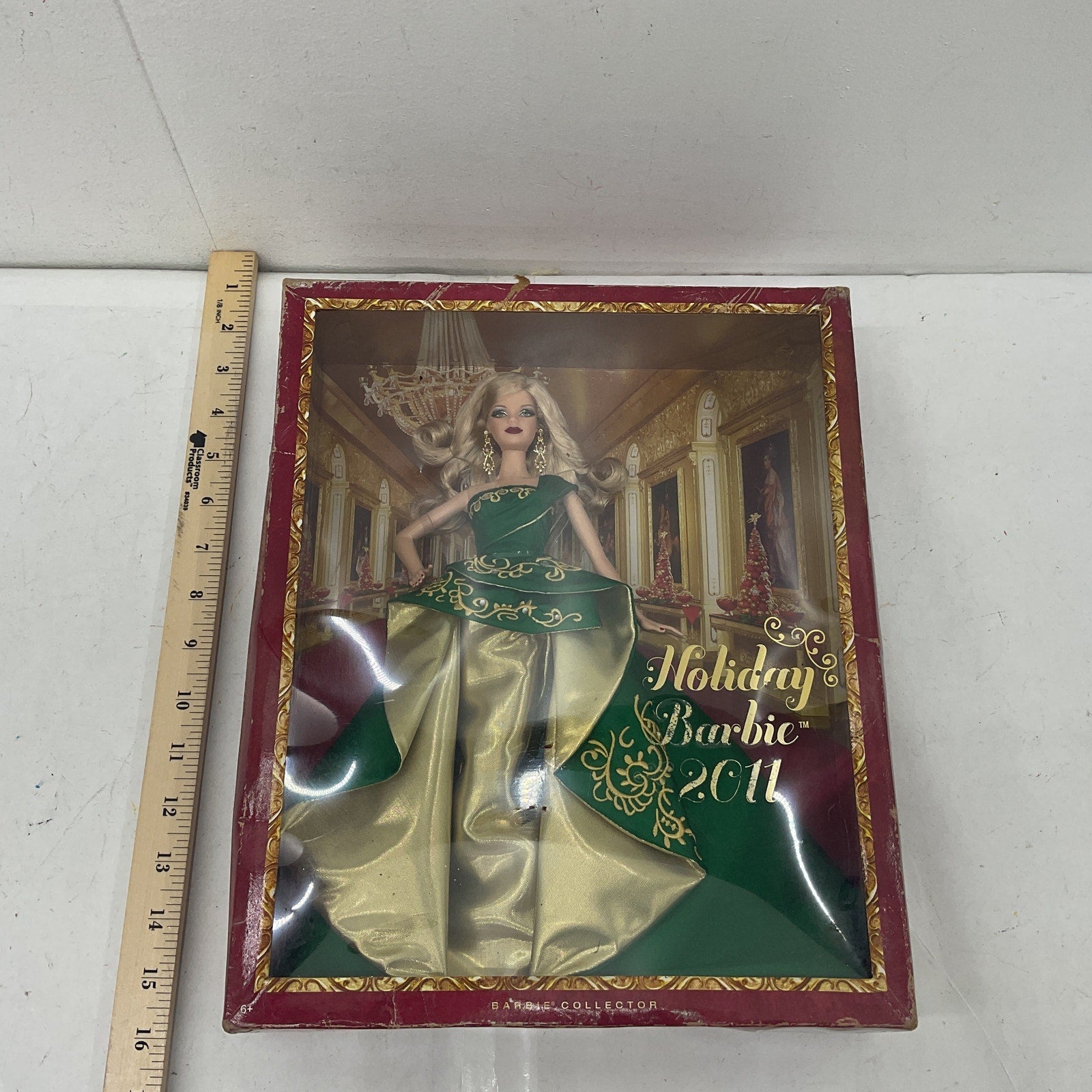 NIB New Holiday Barbie 2011 Christmas Blonde in Green Metallic Gold Dress - Warehouse Toys