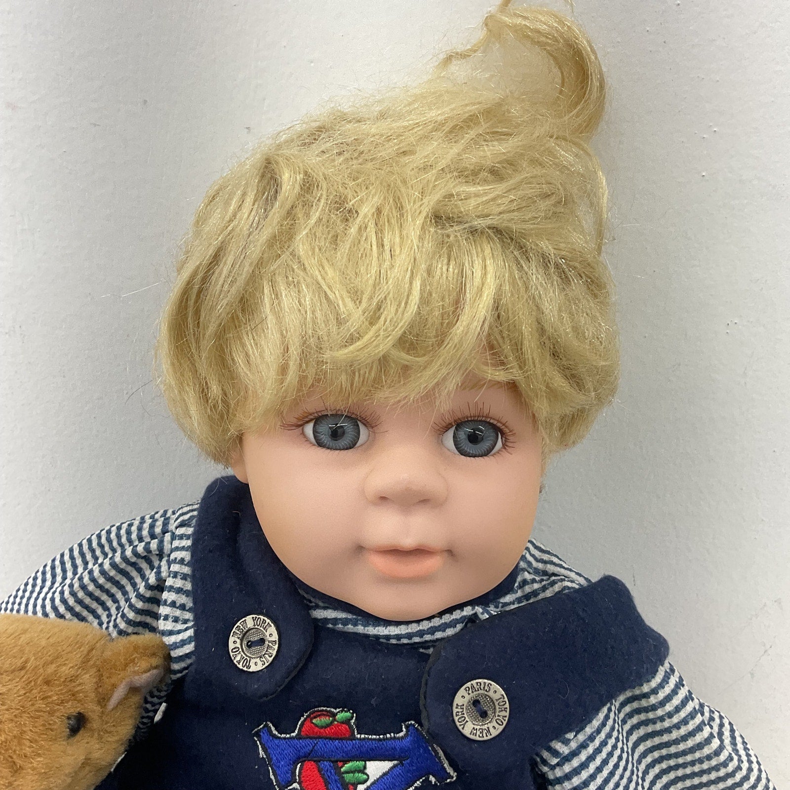 Preowned Cathay Collection Blonde Hair Play Baby Doll Toy in Blue Outfit CUTE - Warehouse Toys