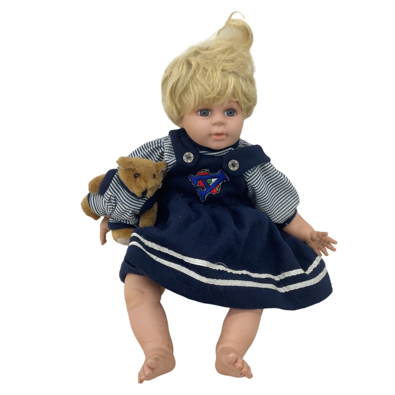 Preowned Cathay Collection Blonde Hair Play Baby Doll Toy in Blue Outfit CUTE - Warehouse Toys