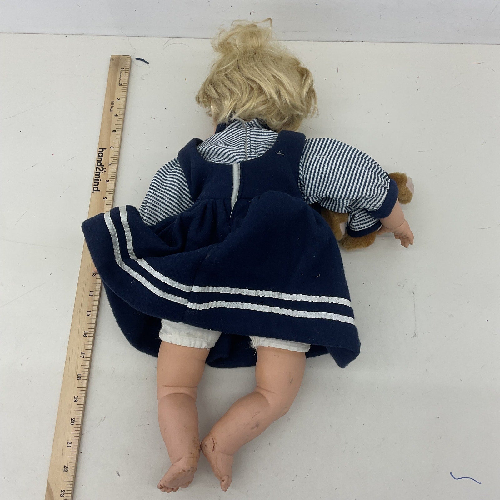 Preowned Cathay Collection Blonde Hair Play Baby Doll Toy in Blue Outfit CUTE - Warehouse Toys