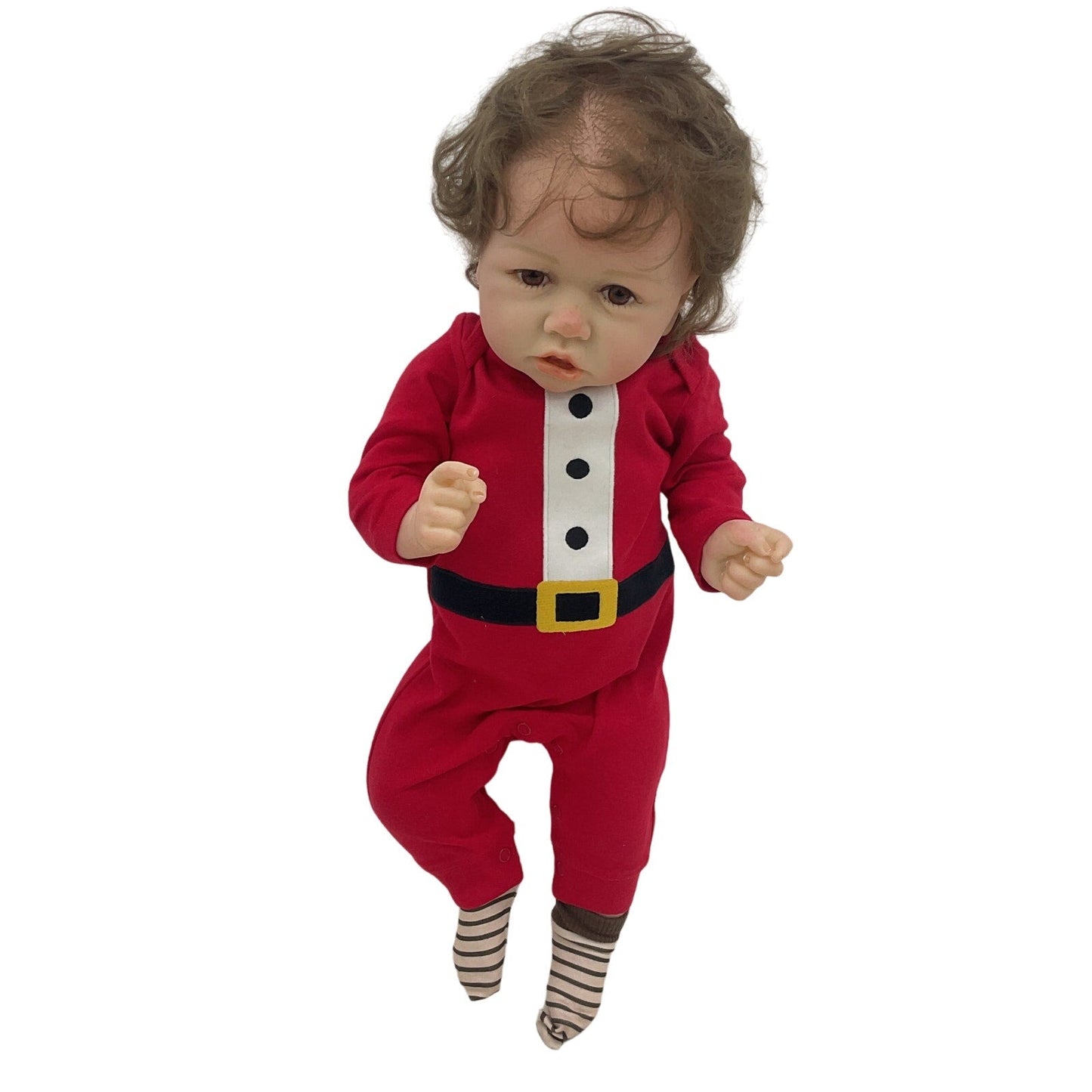 Preowned Hoomai Realistic Brunette Caucasian Baby Play Doll Toy in Santa Outfit - Warehouse Toys