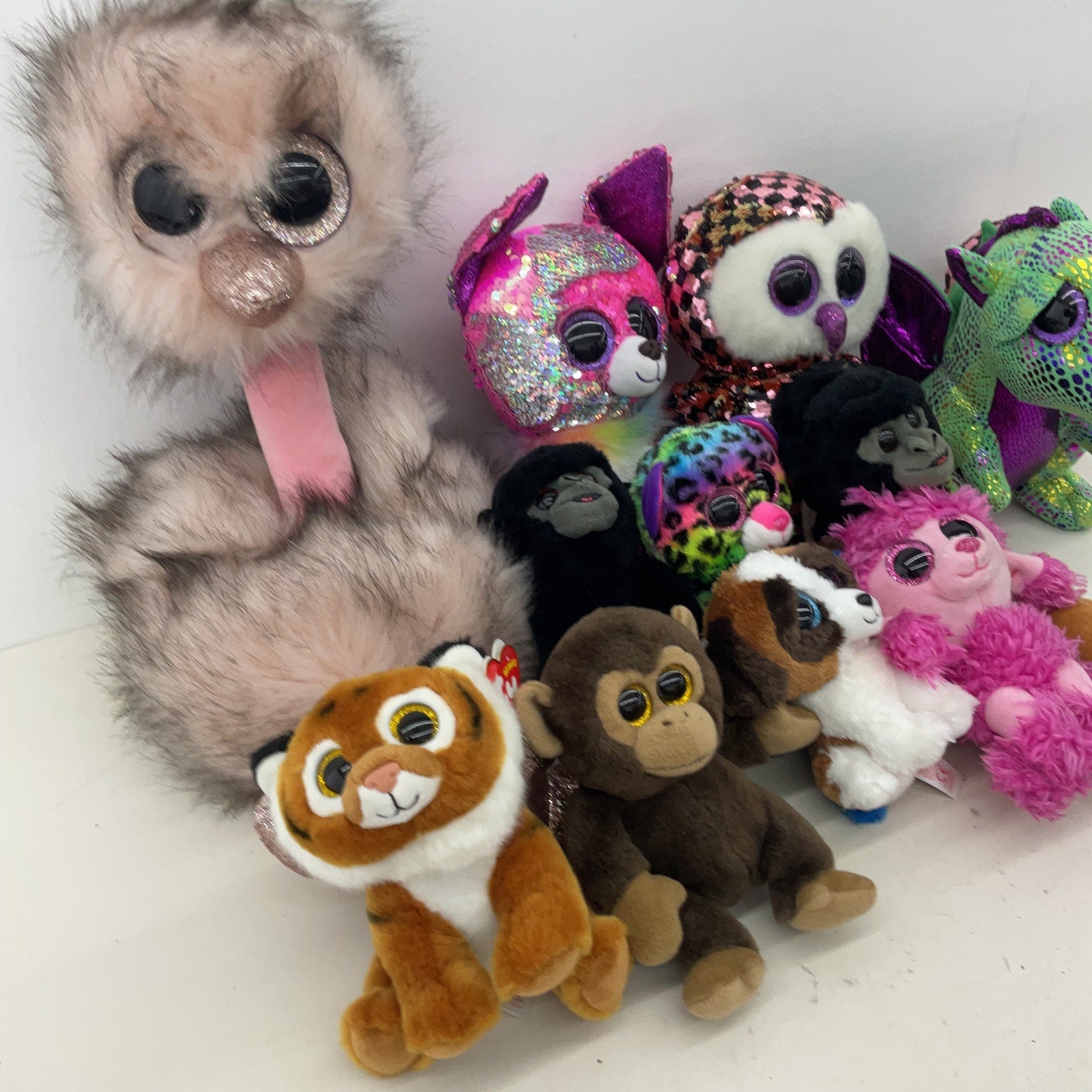 Preowned Mixed TY Beanie Boos Multicolor Stuffed Animals Ostrich Tiger Dragon - Warehouse Toys