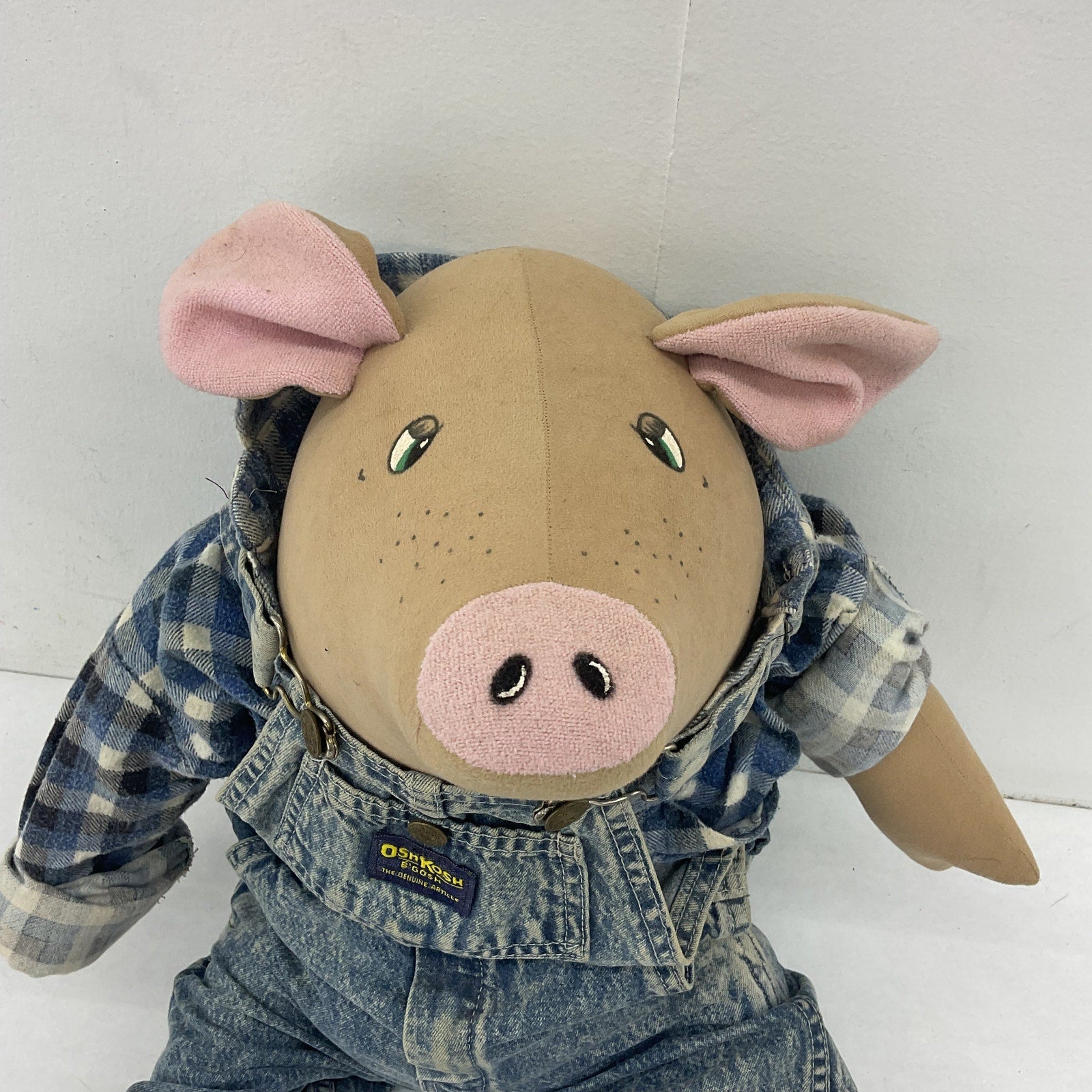 Preowned Osh Kosh Brown Pig in Denim Farmer Overalls Jumbo Sized Stuffed Animal - Warehouse Toys