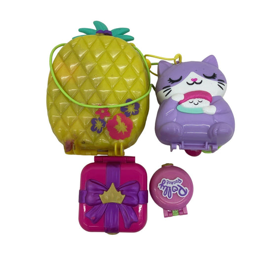 Preowned Polly Pocket Doll Playsets LOT Yellow Pineapple Kitty Cat Gift Cases - Warehouse Toys