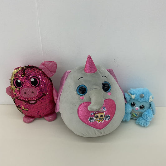 Preowned Shimmeez LOT Sequin Pig Blue Mini Cat & Gray Unicorn Elephant Plush - Warehouse Toys