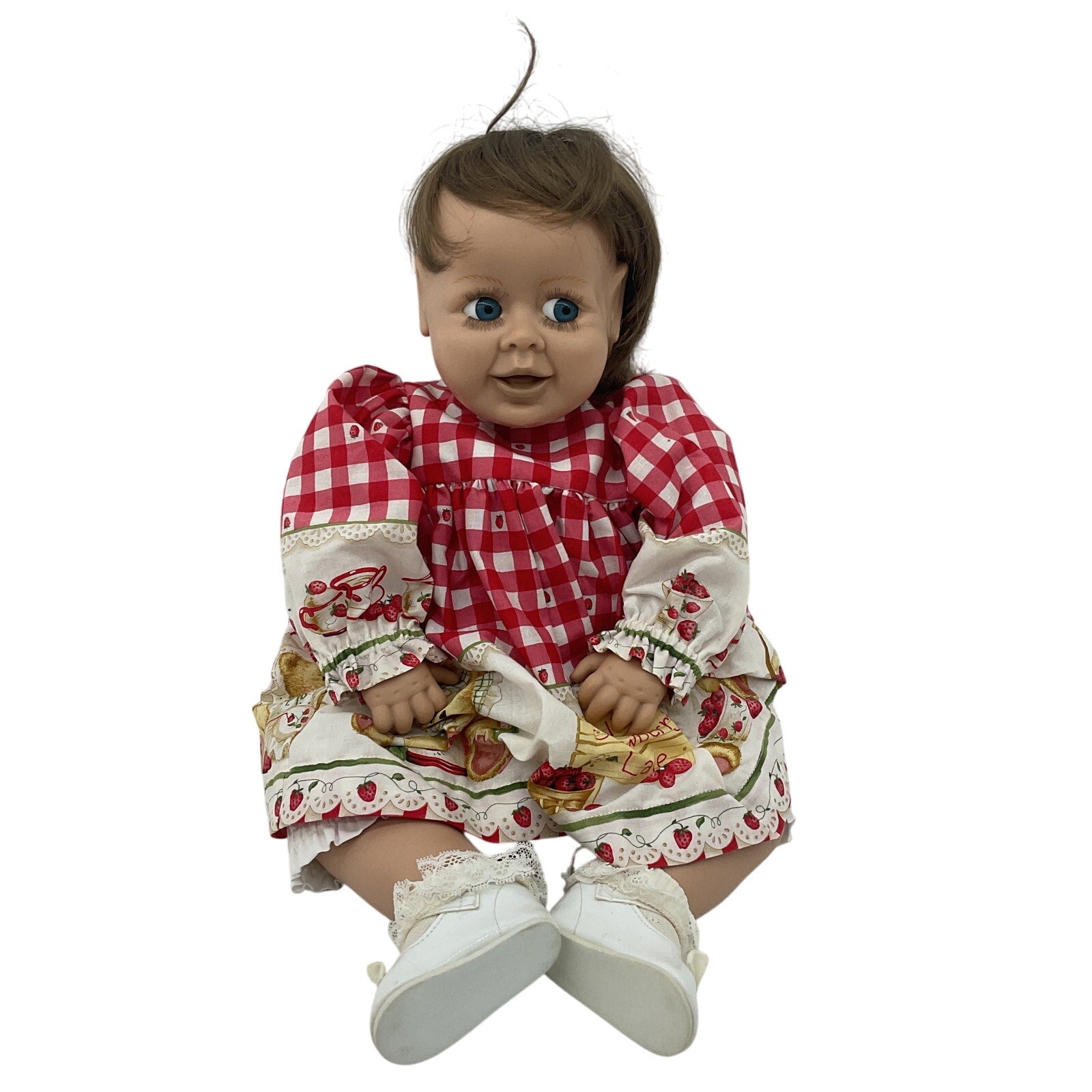 Preowned Syndee Brunette Baby Doll in Red Gingham Dress Blue Eyes Caucasian Girl - Warehouse Toys