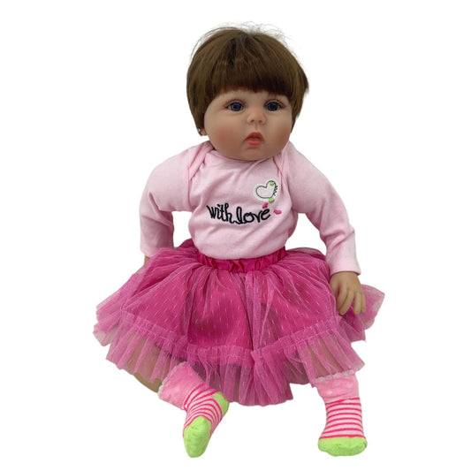 Preowned Unbranded Realistic Brunette Little Caucasian Girl Baby Doll Pink Dress - Warehouse Toys