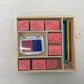 Preowned Wooden Stationary Storage Tray w/ Rubber Dinosaur Stamps Ink Pad Pencil - Warehouse Toys