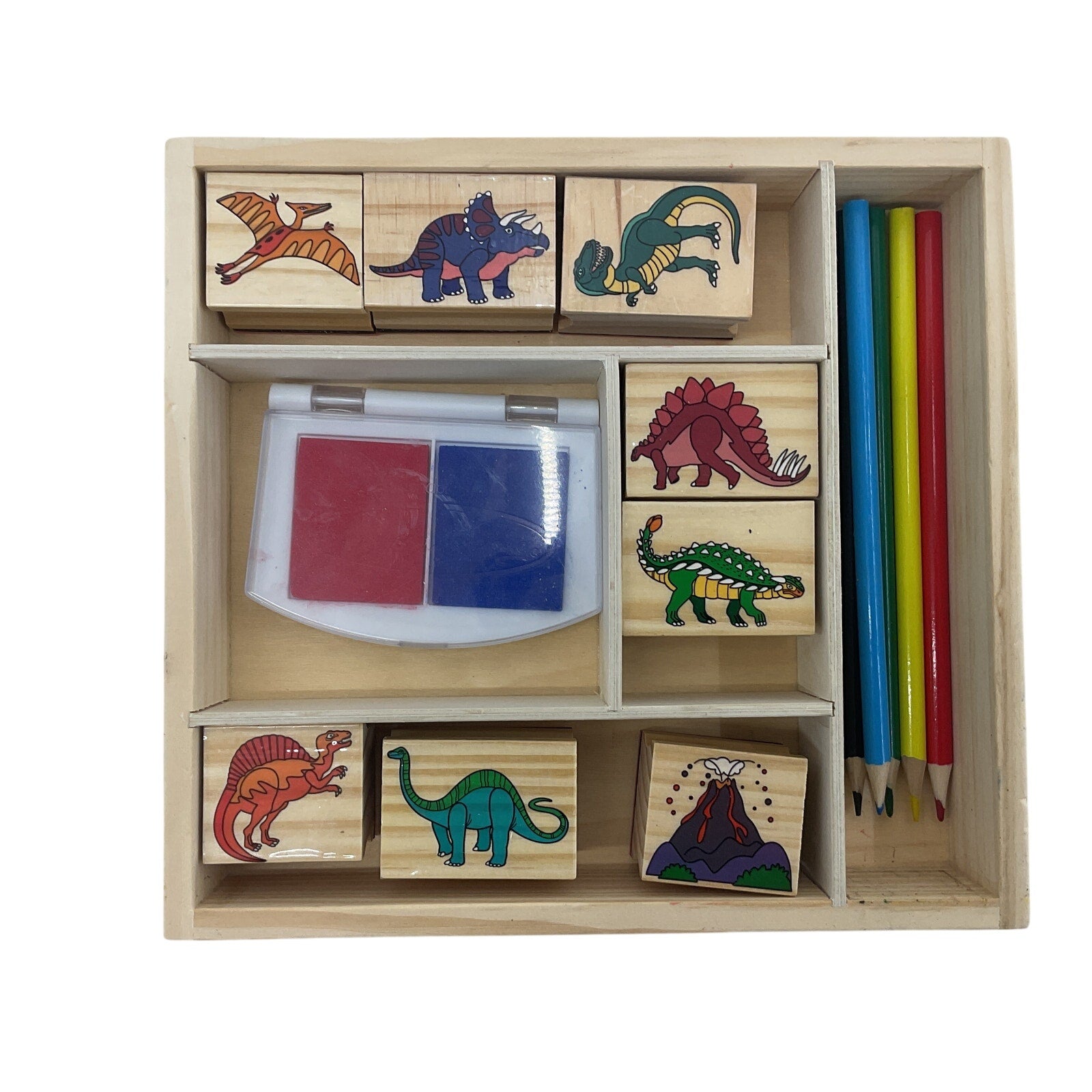 Preowned Wooden Stationary Storage Tray w/ Rubber Dinosaur Stamps Ink Pad Pencil - Warehouse Toys