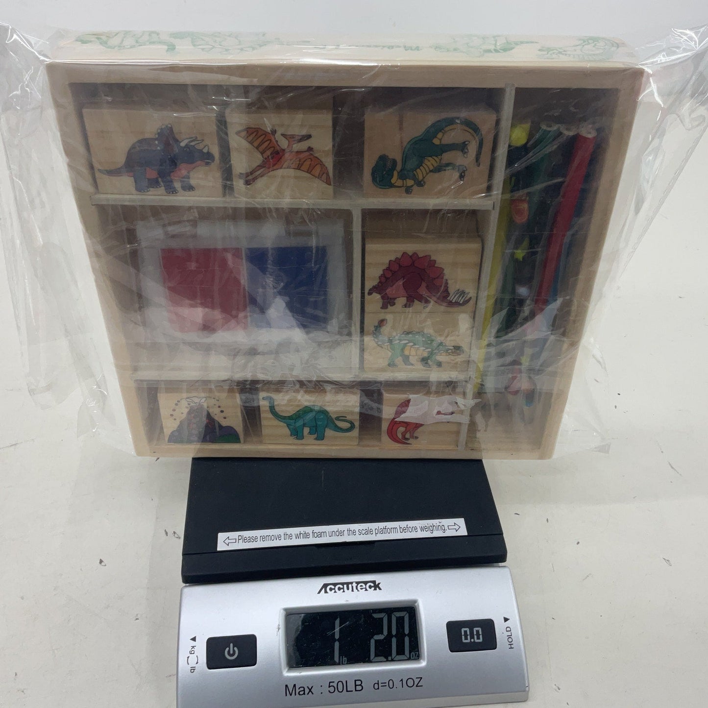 Preowned Wooden Stationary Storage Tray w/ Rubber Dinosaur Stamps Ink Pad Pencil - Warehouse Toys