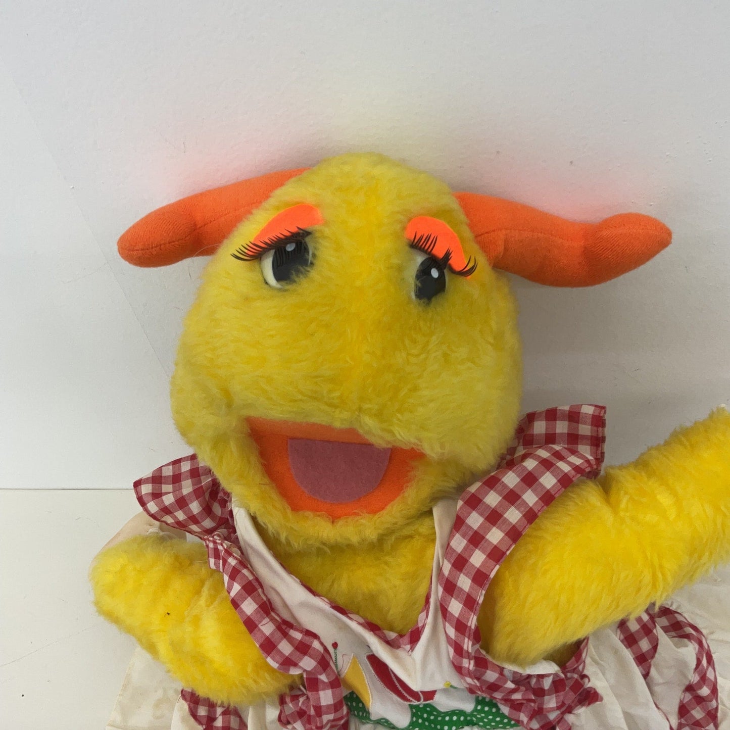 Preowned Yellow Orange Plush Monster Girl in Dress Full Body Hand & Rod Puppet - Warehouse Toys